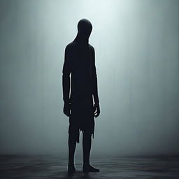 Generate a high-detail, chilling depiction of SCP-096, known as the 'Shy Guy', standing desolate in a stark, suspenseful setting, its nightmarish lanky form keeping its hands to its face