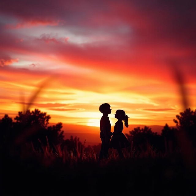 A captivating scene inspired by 'The Hidden Truths' by Grace Key and Sophia Kienow, featuring dramatic silhouettes of a boy and a girl standing together against a breathtaking sunset backdrop