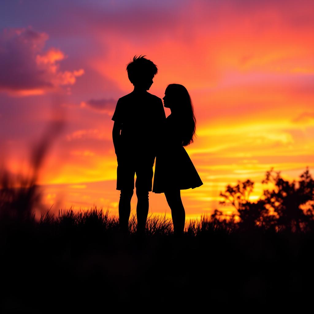 A captivating scene inspired by 'The Hidden Truths' by Grace Key and Sophia Kienow, featuring dramatic silhouettes of a boy and a girl standing together against a breathtaking sunset backdrop