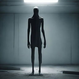 Generate a high-detail, chilling depiction of SCP-096, known as the 'Shy Guy', standing desolate in a stark, suspenseful setting, its nightmarish lanky form keeping its hands to its face