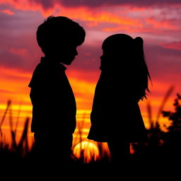A captivating scene inspired by 'The Hidden Truths' by Grace Key and Sophia Kienow, featuring dramatic silhouettes of a boy and a girl standing together against a breathtaking sunset backdrop
