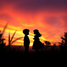 A captivating scene inspired by 'The Hidden Truths' by Grace Key and Sophia Kienow, featuring dramatic silhouettes of a boy and a girl standing together against a breathtaking sunset backdrop