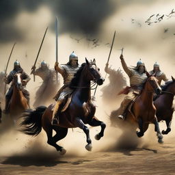 A dramatic scene of warriors on horseback engaging in a fierce battle