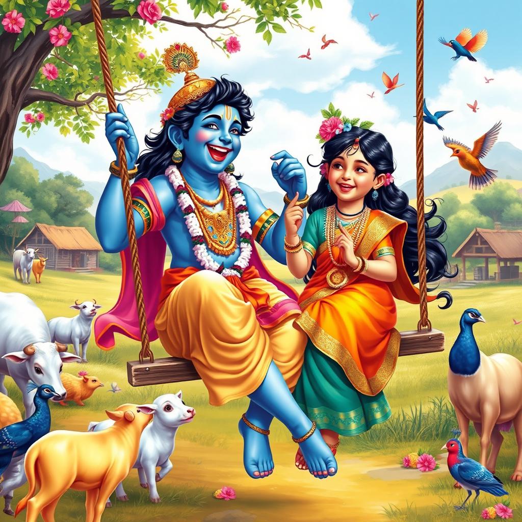 A vibrant and joyful scene depicting Lord Krishna, characterized by his blue skin, traditional attire, and playful demeanor, laughing joyfully on a swing alongside a young Hindu girl in colorful traditional clothing