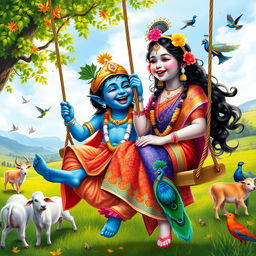 A vibrant and joyful scene depicting Lord Krishna, characterized by his blue skin, traditional attire, and playful demeanor, laughing joyfully on a swing alongside a young Hindu girl in colorful traditional clothing