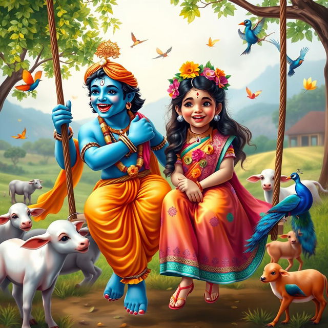 A vibrant and joyful scene depicting Lord Krishna, characterized by his blue skin, traditional attire, and playful demeanor, laughing joyfully on a swing alongside a young Hindu girl in colorful traditional clothing