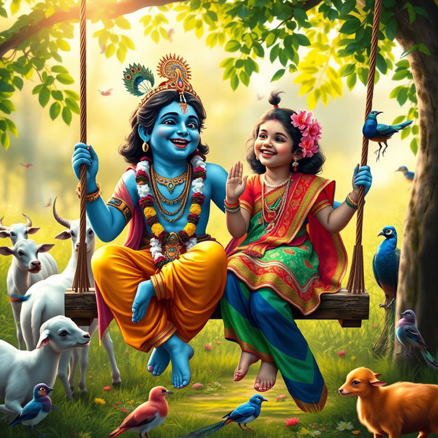 A lively and enchanting scene featuring Lord Krishna, known for his blue skin and charming attire, laughing merrily on a swing with a young Hindu girl beside him