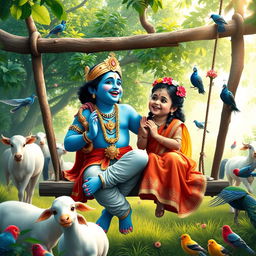 A lively and enchanting scene featuring Lord Krishna, known for his blue skin and charming attire, laughing merrily on a swing with a young Hindu girl beside him
