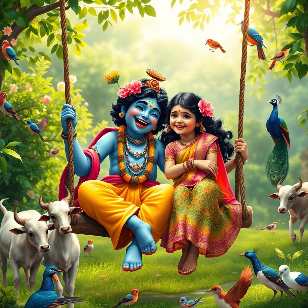 A lively and enchanting scene featuring Lord Krishna, known for his blue skin and charming attire, laughing merrily on a swing with a young Hindu girl beside him