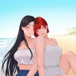 In a serene beach setting, two girls are depicted as a loving couple: one with fair skin and long, silky black hair resting her head gently on the shoulder of the other, who has short, vibrant red hair, representing her mixed Korean and French heritage