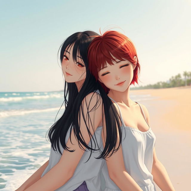 In a serene beach setting, two girls are depicted as a loving couple: one with fair skin and long, silky black hair resting her head gently on the shoulder of the other, who has short, vibrant red hair, representing her mixed Korean and French heritage