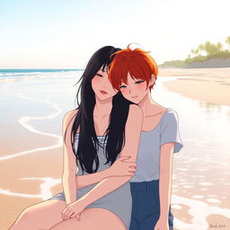In a serene beach setting, two girls are depicted as a loving couple: one with fair skin and long, silky black hair resting her head gently on the shoulder of the other, who has short, vibrant red hair, representing her mixed Korean and French heritage