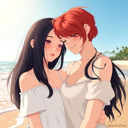 In a serene beach setting, two girls are depicted as a loving couple: one with fair skin and long, silky black hair resting her head gently on the shoulder of the other, who has short, vibrant red hair, representing her mixed Korean and French heritage