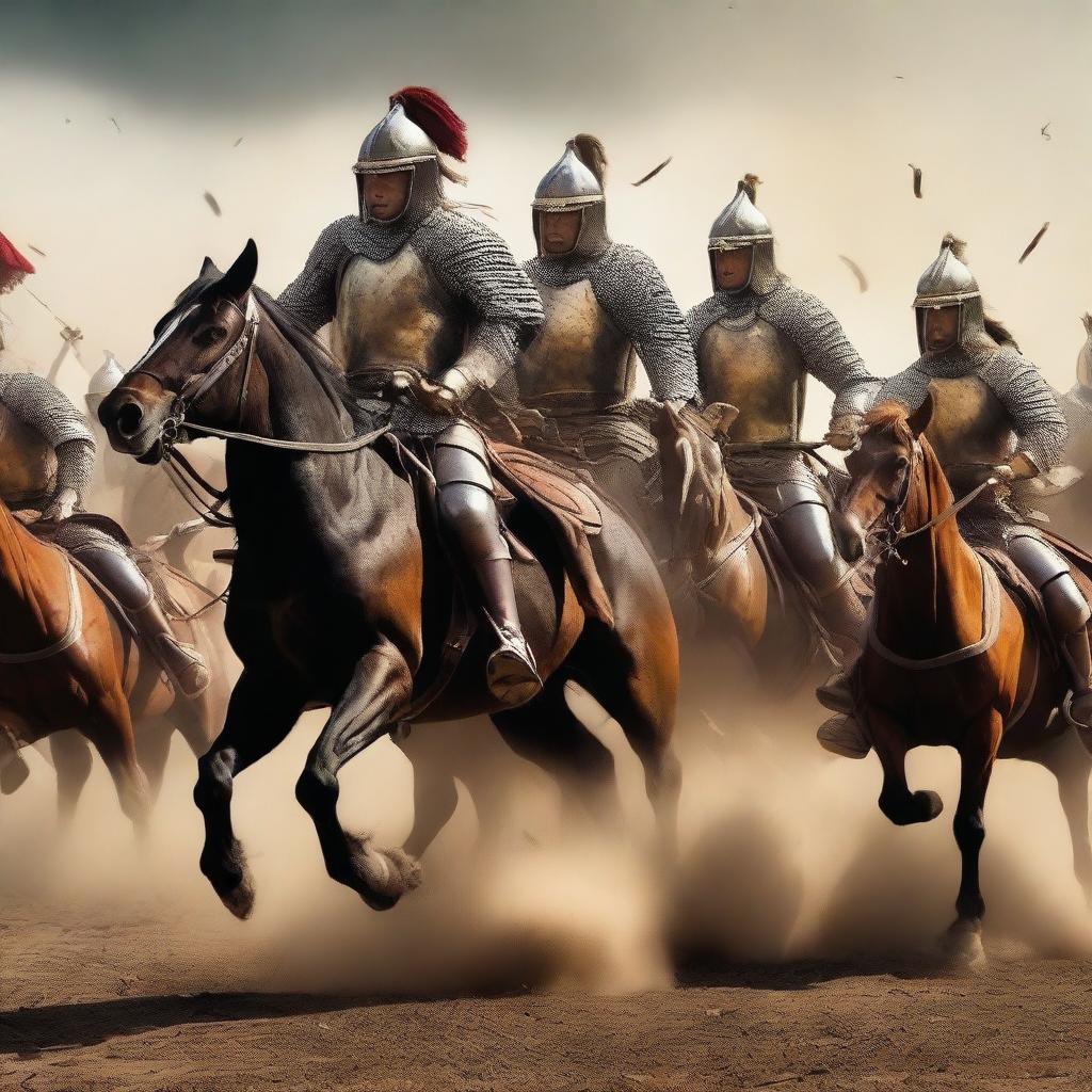 A dramatic scene of warriors on horseback engaging in a fierce battle