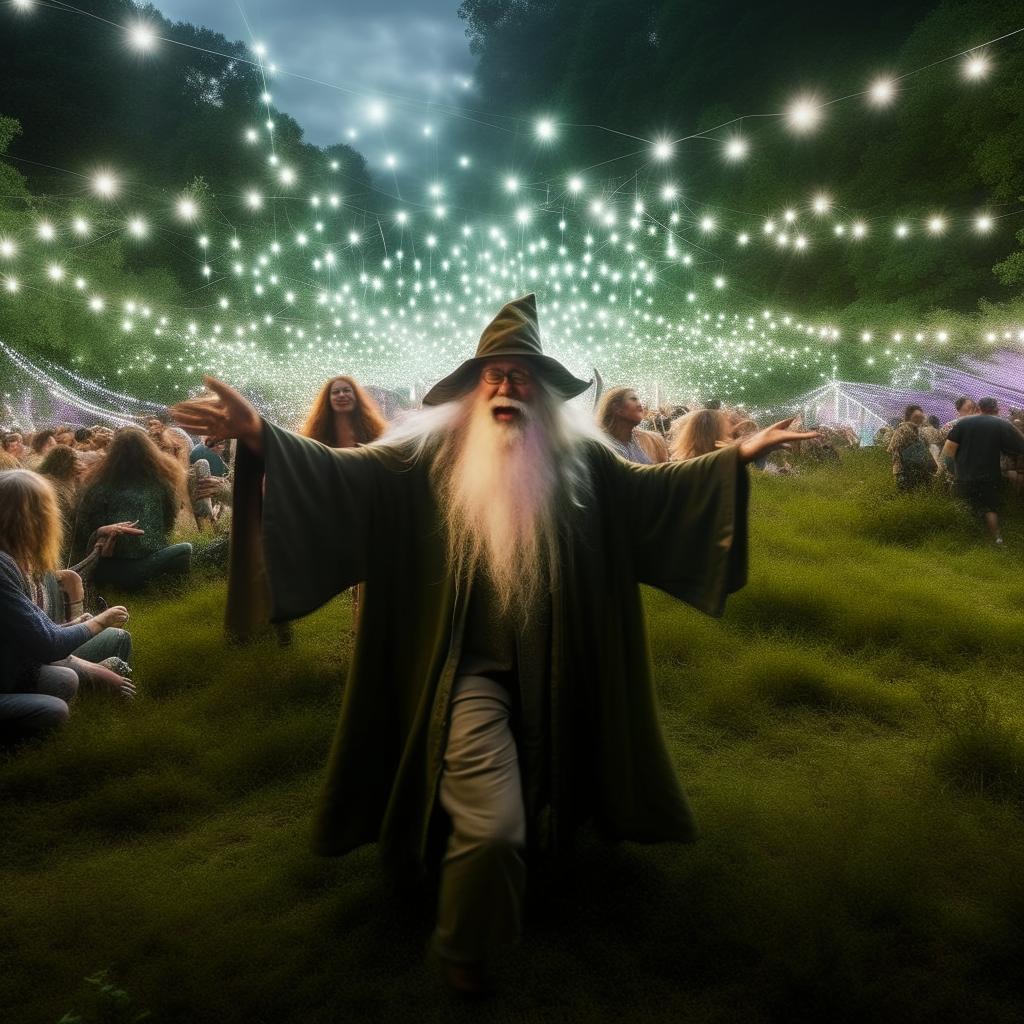 Gandalf the wizard exuberantly partying at a vibrant outdoor rave on lush, green grassland, with a backdrop of psychedelic lights and joyful crowd.