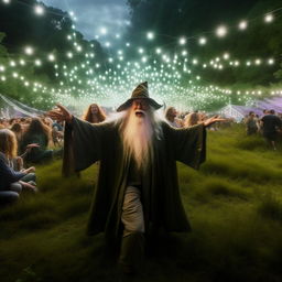 Gandalf the wizard exuberantly partying at a vibrant outdoor rave on lush, green grassland, with a backdrop of psychedelic lights and joyful crowd.