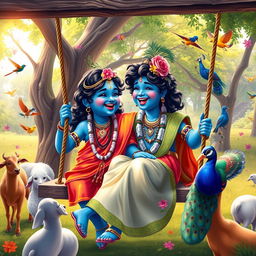 A delightful scene depicting Lord Krishna with his distinctive blue skin and elegant traditional attire, sharing a joyful moment while laughing on a swing next to an Indian girl