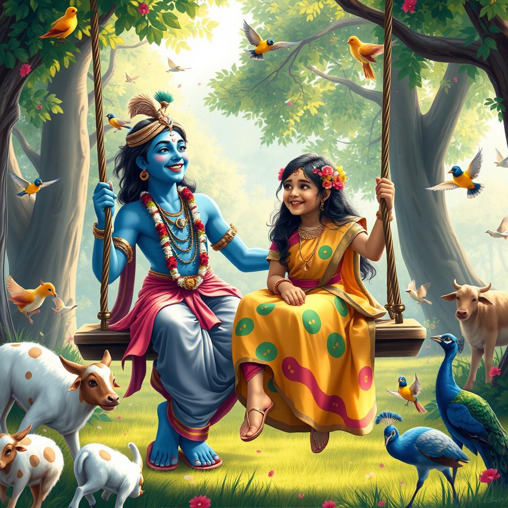 A delightful scene depicting Lord Krishna with his distinctive blue skin and elegant traditional attire, sharing a joyful moment while laughing on a swing next to an Indian girl