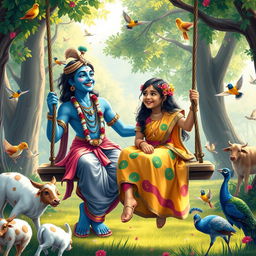 A delightful scene depicting Lord Krishna with his distinctive blue skin and elegant traditional attire, sharing a joyful moment while laughing on a swing next to an Indian girl