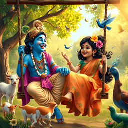 A delightful scene depicting Lord Krishna with his distinctive blue skin and elegant traditional attire, sharing a joyful moment while laughing on a swing next to an Indian girl