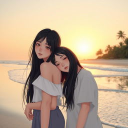 In a tranquil beach scene, two girls are portrayed as a loving couple: one with fair skin and long, flowing black hair resting her head gently on the shoulder of the other, who has short, bright red hair, symbolizing her mixed Korean and French heritage