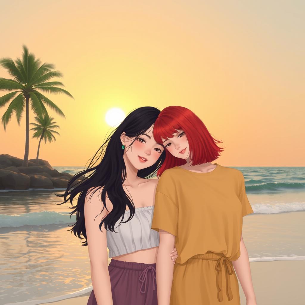 In a tranquil beach scene, two girls are portrayed as a loving couple: one with fair skin and long, flowing black hair resting her head gently on the shoulder of the other, who has short, bright red hair, symbolizing her mixed Korean and French heritage