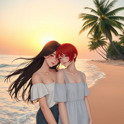 In a tranquil beach scene, two girls are portrayed as a loving couple: one with fair skin and long, flowing black hair resting her head gently on the shoulder of the other, who has short, bright red hair, symbolizing her mixed Korean and French heritage