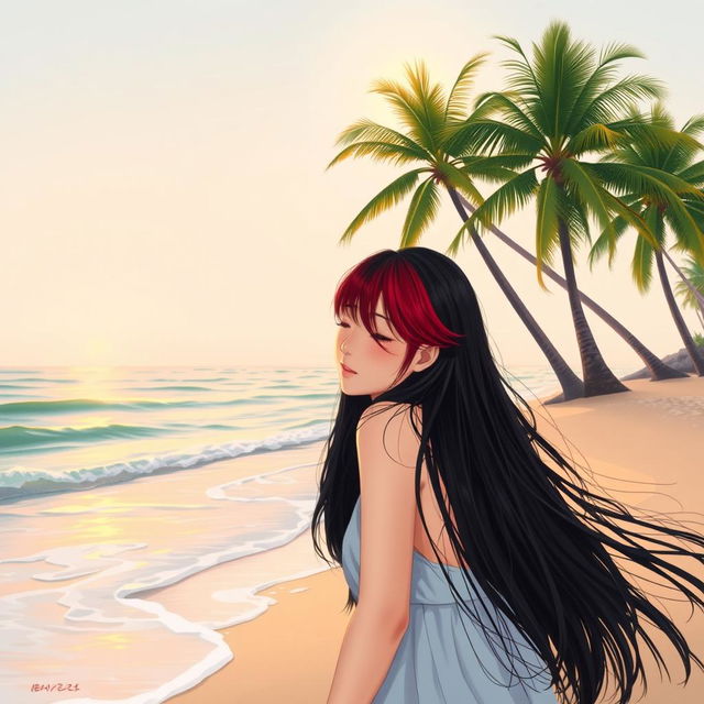 In a tranquil beach scene, two girls are portrayed as a loving couple: one with fair skin and long, flowing black hair resting her head gently on the shoulder of the other, who has short, bright red hair, symbolizing her mixed Korean and French heritage