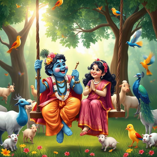 A whimsical and joyful scene featuring Lord Krishna, known for his blue skin and traditional attire, laughing heartily on a swing with an Indian girl beside him