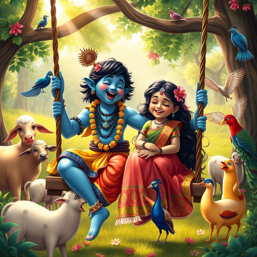 A whimsical and joyful scene featuring Lord Krishna, known for his blue skin and traditional attire, laughing heartily on a swing with an Indian girl beside him