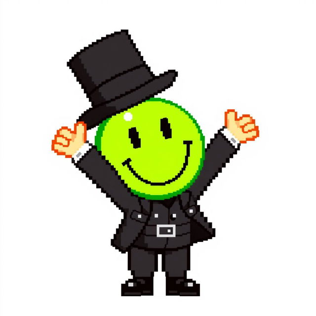 A character in a pixel art style, dressed in a stylish black outfit with a top hat, raising their arms excitedly