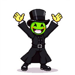 A character in a pixel art style, dressed in a stylish black outfit with a top hat, raising their arms excitedly