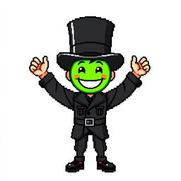 A character in a pixel art style, dressed in a stylish black outfit with a top hat, raising their arms excitedly