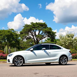 A sleek white car with a gray roof, parked on a scenic street surrounded by trees and flowers