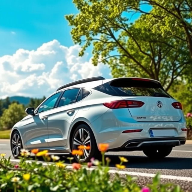 A sleek white car with a gray roof, parked on a scenic street surrounded by trees and flowers