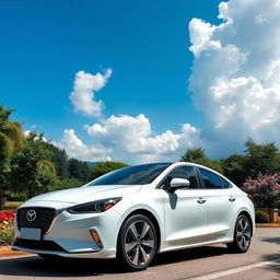 A sleek white car with a gray roof, parked on a scenic street surrounded by trees and flowers