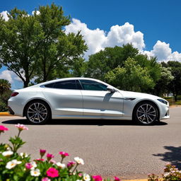 A sleek white car with a gray roof, parked on a scenic street surrounded by trees and flowers
