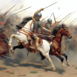 The warriors on horseback now falling, struck by arrows from Roman soldiers