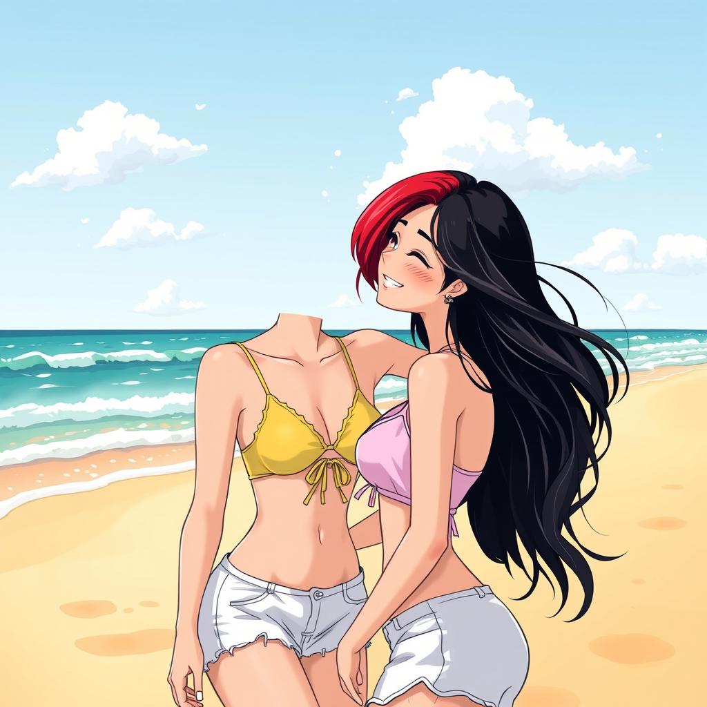 In a picturesque beach setting, two girls are illustrated as a loving couple: one with fair skin and long, flowing black hair, while the other, with short, bright red hair representing her mixed Korean and French heritage