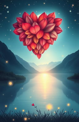 A beautifully illustrated heart made of vibrant petals, floating above a serene landscape, glowing softly in the moonlight