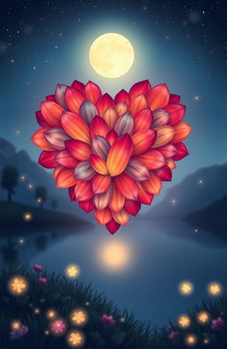 A beautifully illustrated heart made of vibrant petals, floating above a serene landscape, glowing softly in the moonlight