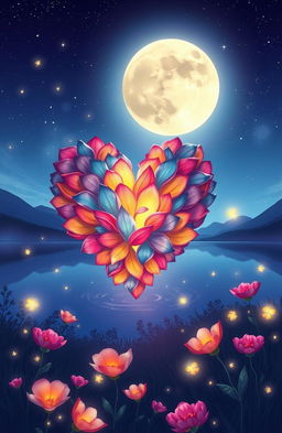 A beautifully illustrated heart made of vibrant petals, floating above a serene landscape, glowing softly in the moonlight