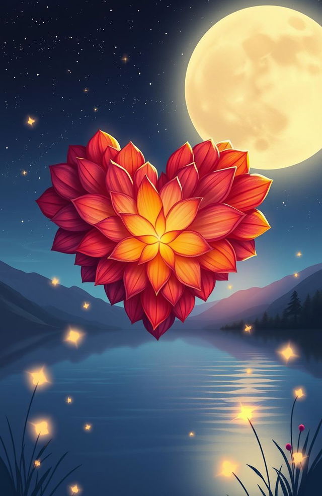 A beautifully illustrated heart made of vibrant petals, floating above a serene landscape, glowing softly in the moonlight