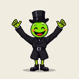 A character in a pixel art style, dressed in a stylish black outfit with a top hat, raising their arms high in excitement