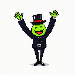 A character in a pixel art style, dressed in a stylish black outfit with a top hat, raising their arms high in excitement