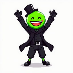 A character in a pixel art style, dressed in a stylish black outfit with a top hat, raising their arms high in excitement