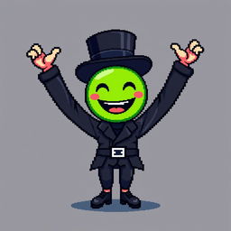 A character in a pixel art style, dressed in a stylish black outfit with a top hat, raising their arms high in excitement