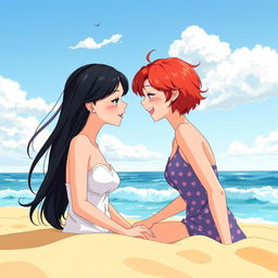In a beautiful beach setting, two girls are illustrated as a loving couple: one has fair skin with long black hair, while the other features short, bright red hair, showcasing her mixed Korean and French heritage