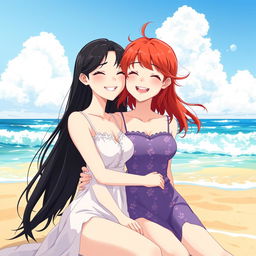 In a beautiful beach setting, two girls are illustrated as a loving couple: one has fair skin with long black hair, while the other features short, bright red hair, showcasing her mixed Korean and French heritage