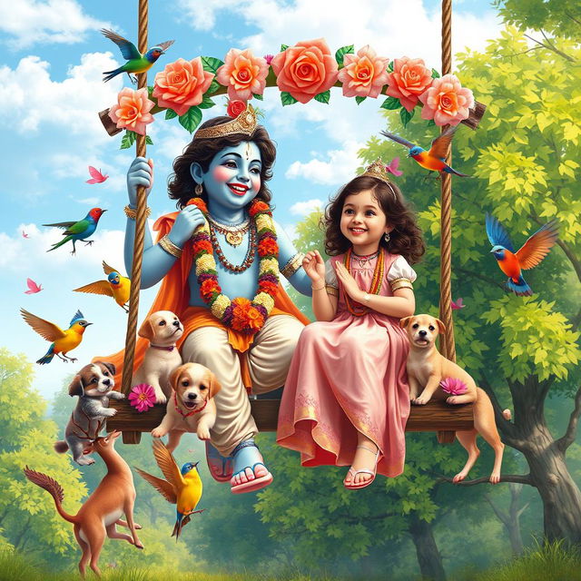 A vibrant and joyful scene depicting Lord Krishna and a young girl on a swing, both laughing happily